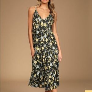 Black Floral Print Tiered Midi Dress